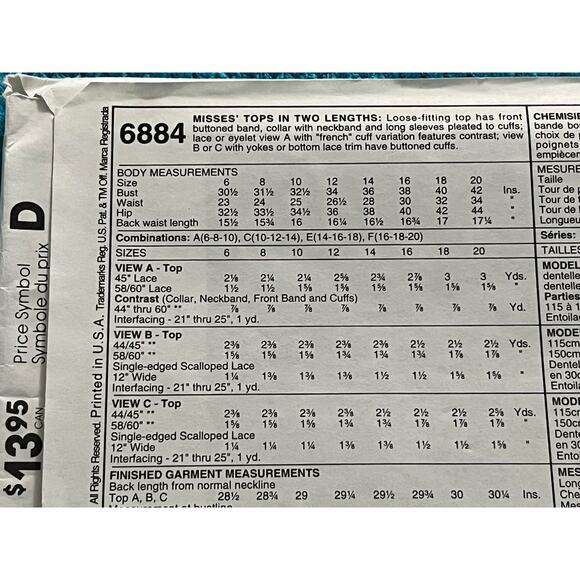 McCalls 6884 Sewing pattern shirt button down lace yoke hem size 14 16 18 - Picture 4 of 8